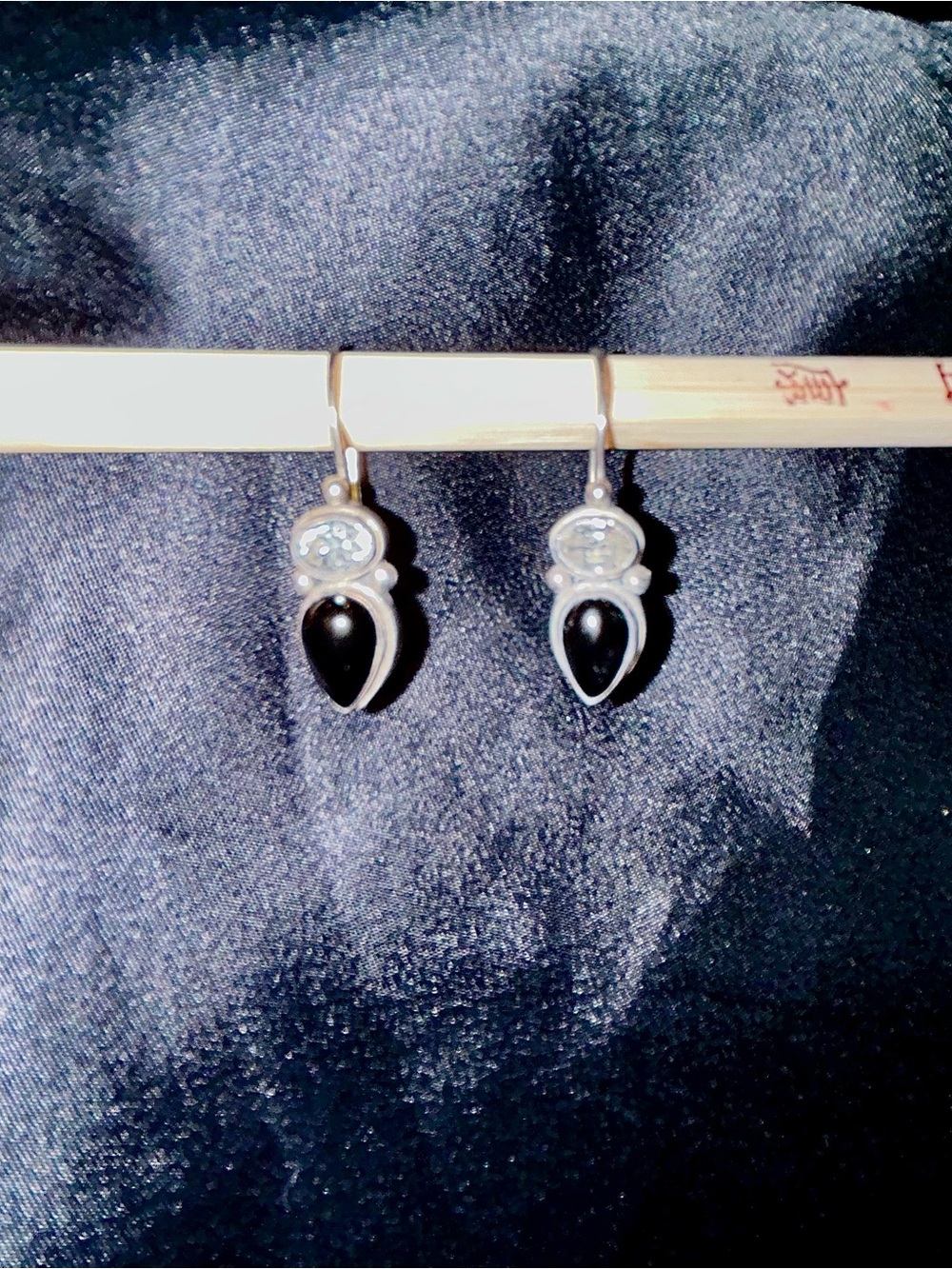 Genuine Onyx, Cubic Zirconia and Sterling Silver Black Teardrop Dangle Earrings